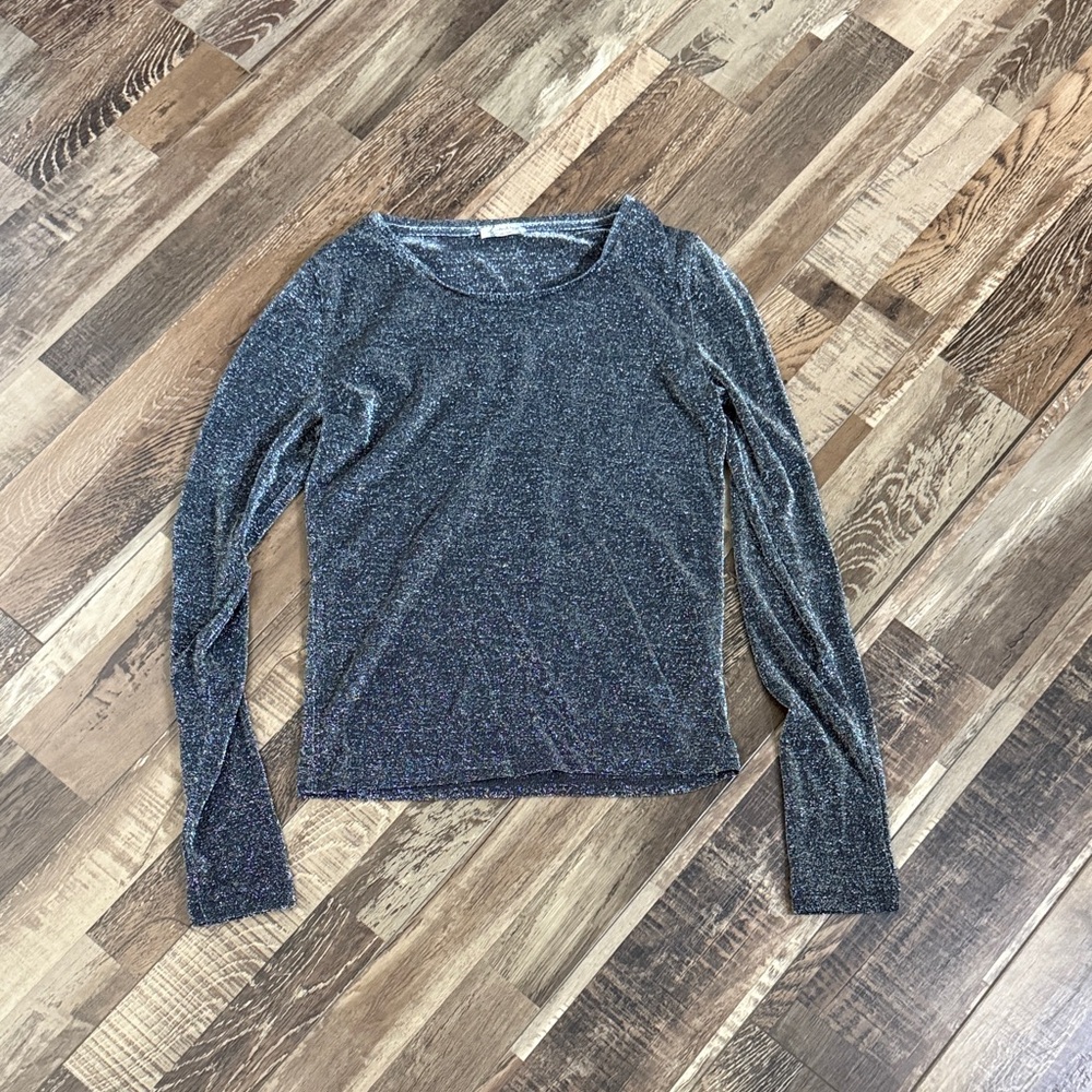 Free People Sparkle Long-Sleeve Crewneck Top - Black/Silver mesh top